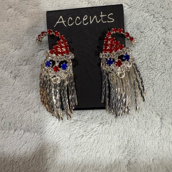 Accents Santa earrings rhinestone face hat chain beard silver-tone, New - Picture 5 of 6